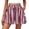 Short de plage décontracté rayé bordeaux taille haute pour femmes, vêtement d'été élégant. - Couleur N° 2 (Rayure Rouge Vin)