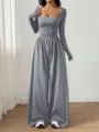 Stylish long sleeve square neck solid color jumpsuit women casual loose wide leg pants outfit - S / Dark Gray