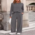 Women Grey Ribbed Long Sleeve Top Wide Leg Pants Casual Two Piece Set Fashion Outfit - S / Top And Bottom / Gray