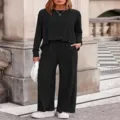 Black ribbed long-sleeve top and matching wide-leg trousers casual set for women. - S / Top And Bottom / Black
