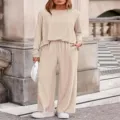 Women ribbed long sleeve top and wide leg pants casual two piece loungewear set. - S / Top And Bottom / Apricot