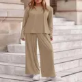 Women Ribbed Long Sleeve Casual Set Khaki Wide Leg Pants Fall Fashion Tracksuit Outfit - S / Top And Bottom / Khaki