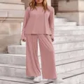 Ensemble décontracté rose côtelé haut à manches longues et pantalon large automne - Rose