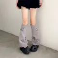 Grey star embroidered knit leg warmers, cute subculture calf socks for stylish outfits. - One Size / Grey Star
