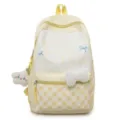 Detailansicht des süßen karierten Rucksacks im japanischen Stil mit Plüschschleife. - Gelb