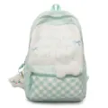 Minzgrüner karierter Rucksack Detail mit süßer Schleife und weichem Plüsch-Wolkenanhänger. - Grün