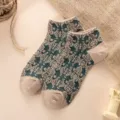 Calcetines cortos relieve corte mujer primavera verano transpirable estilo vintage verde - Talla única / Estampado floral azul pavo real