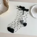 Calcetines de verano transparentes de seda de vidrio para mujer, diseño de lunares con lazo negro. - Talla Única / Negro