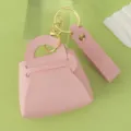 Pink leather mini handbag keychain cute coin purse with gold hardware ring accessory - Pink