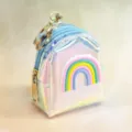 Holographic mini backpack coin purse detail, cute rainbow design with gold keychain. - Rainbow Blue