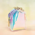 Detail shot of mini transparent holographic backpack keychain with purple zipper and gold hardware. - Plain Style / Purple