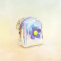Holographic mini backpack keychain, cute iridescent coin purse with purple flower charm. - Flower—Purple