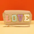 Octagonal cosmetic bag with chenille LOVE letters zipper toiletry pouch for travel storage - love Series / 18X7X9CM / Love Morandi Coffee
