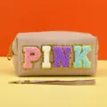 Cosmetic bag with embroidered letters, stylish portable makeup organizer, zipper wash bag - PINK Series / 18X7X9CM / Morandi Coffee