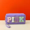 Purple cosmetic bag with colorful chenille letter patches, zipper closure and wrist strap. - PINK Series / 18X7X9CM / Purple
