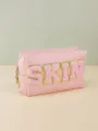Pink PU leather cosmetic makeup bag with fuzzy chenille letter patch SKIN and zip. - SKIN Letter Patch / 18*7*11cm / Pink