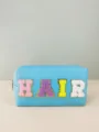 Blue PU leather cosmetic bag with colorful chenille letter patch HAIR detail close up display - Sky Blue (HAIR)