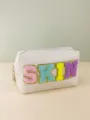 White PU makeup bag with colorful chenille letter patches, large capacity cosmetic pouch - SKIN Letter Patch / 18*7*11cm / Multicolor (White)