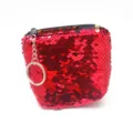 Red sequin mini coin purse with keychain, cute square zipper pouch for kids daily use fashion. - Red