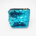 Mini blue sequin coin purse with zipper closure and cute keychain pendant variant style. - Blue