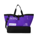 Detail view of the large capacity 73L purple black colorblock travel duffel bag compartment. - With Shoe Compartment / Purple