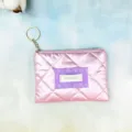 Pink quilted coin purse with key ring, stylish ruffled patch compact wallet for women. - 15x11cm / Pearlescent Pink