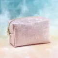 Pink glitter cosmetic bag with gold zipper and pearl charm detail, cute portable makeup storage. - Solid Color / 18x7x11cm / Pink