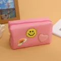 Pink cosmetic bag with cute smiley face, heart and rainbow towel embroidery patches for daily storage. - Rainbow Smiley Cherry Pink