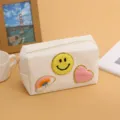 White cosmetic bag with cute towel embroidery patches, spacious zipper storage for daily makeup. - Rainbow Smiley White