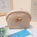 Beige semi-circular coin purse with cute bear and bow decor, compact lipstick storage bag. - 14X7X10 / Apricot