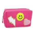 Pink cosmetic bag with cute smiley face, lightning and heart towel embroidery patches. Top zipper. - Lightning Smiley Rose Red