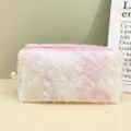 Pink tie-dye lace cosmetic bag fluffy makeup pouch portable storage pencil case main view - Pink