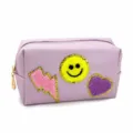 Purple cosmetic bag with chenille smiley face lightning heart patches zipper travel pouch. - Lightning Smiley Taro Purple