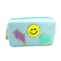 Cute smiley face chenille patch cosmetic bag travel toiletry pouch for women and girls. - Lightning Smiley Light Blue