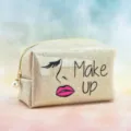Glitter makeup bag for women, shiny cosmetic pouch with pearl zipper pull, cute portable case. - Face Portrait Print / 18x7x11cm / Champagne