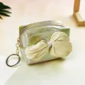 Holographic green coin purse with big satin bow, cute cosmetic makeup pouch with key ring. - Gold