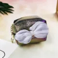 Gradient laser coin purse with bow detail, stylish and cute storage pouch for daily use. - Dark Brown
