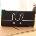 Cute cartoon animal black PU leather pencil case with simple white bunny ears design box - Black Rabbit