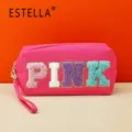 Pink cosmetic bag with furry letter patch, cute makeup storage pouch with wrist strap zipper. - PINK Series / 18X7X9CM / Fluorescent Rose Red