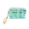 Holographic makeup bag with wrist strap, blue gradient star cosmetic travel pouch. - Green