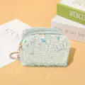 Mini sequin coin purse with keychain, sparkling compact zipper pouch for keys and lipstick. - White