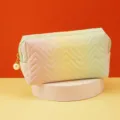 Pastel gradient cosmetic bag featuring V-quilted design and elegant pearl zipper pull detail. - Green