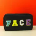 Black waterproof cosmetic bag with glitter chenille letters FACE, large travel makeup storage. - L / Black