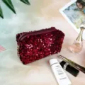 Sequin makeup bag portable travel cosmetic pouch large capacity storage zipper burgundy variant - Burgundy