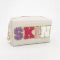 Waterproof cosmetic bag with cute letter patches, large capacity travel toiletry organizer pouch. - SKIN Style / Beige