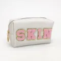 Stylish PU leather cosmetic bag with pink glitter letter patches for travel storage. - SKIN Style / Pearlescent Beige