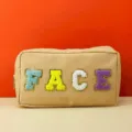Waterproof cosmetic bag with colorful towel embroidery FACE letters, large storage. - L / Khaki