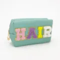 Mint green cosmetic bag with colorful chenille HAIR letter patches for travel and daily storage. - HAIR Style / Blue