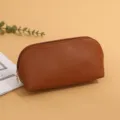 Simple brown PU leather cosmetic bag, large capacity portable shell pouch for travel. - Brown