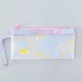 Clear pencil case with space planet pattern, holographic purple trim, pink zipper, and handle. - Galaxy
